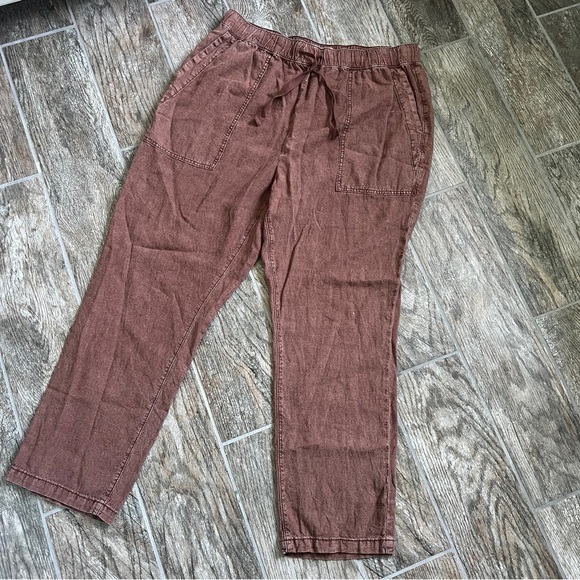 Pilcro Linen Blend Drawstring Pants, Brown, Wide Leg Relaxed Fit, Women’s Large - Picture 2 of 14